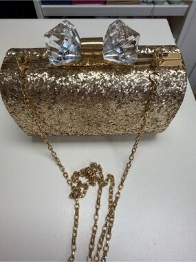 Ted baker Gold Glitter Crystal Bow Evening Clutch with Chain Strap